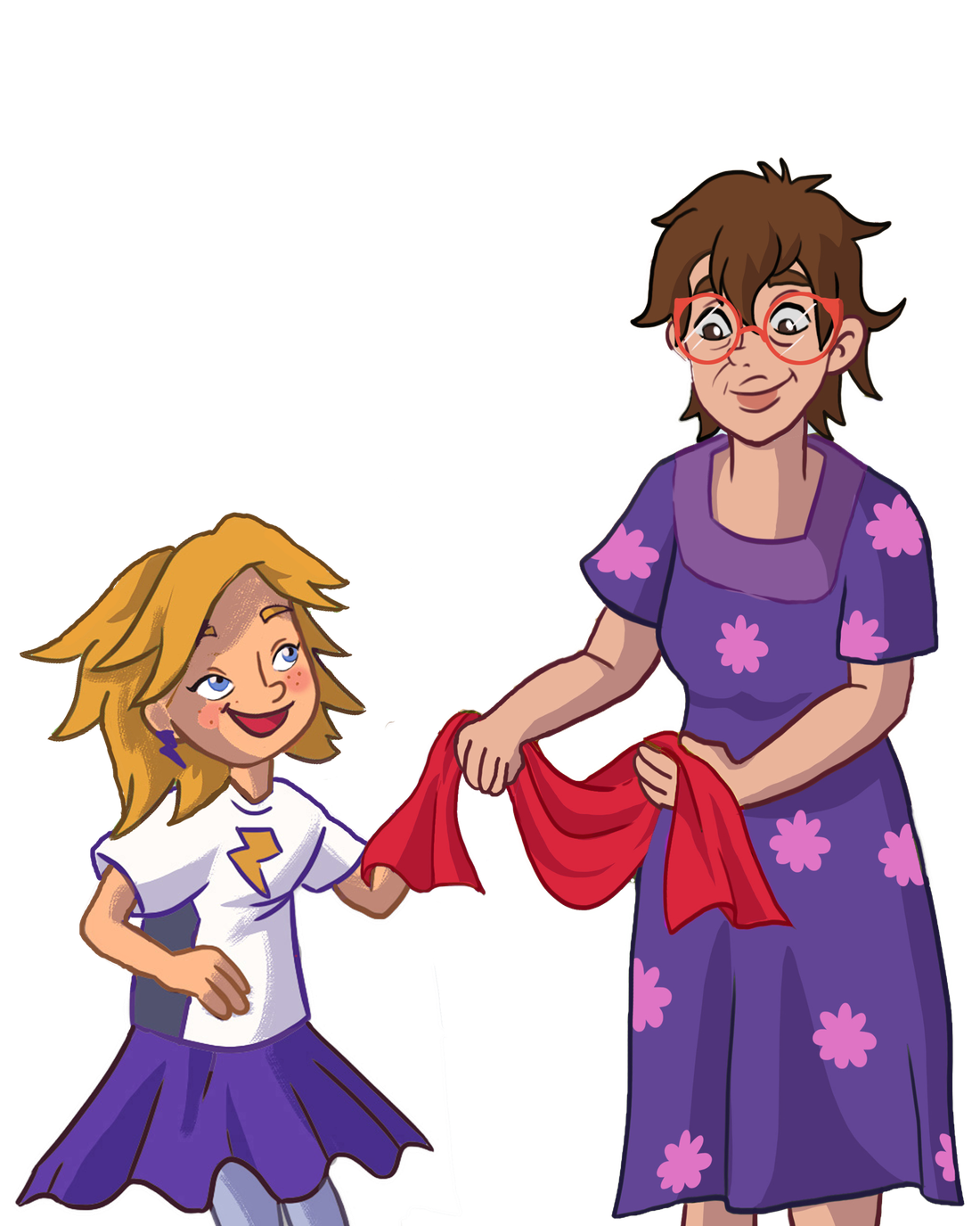 Illustration of Lil&rsquo; Sass being handed her red cape by an adult character