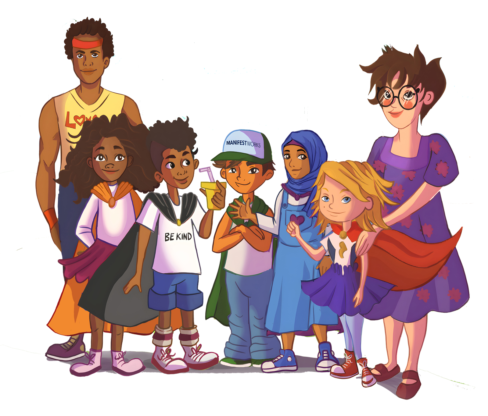 The illustrated cast of The Adventures of Lil&rsquo; Sass, a group of children and adults standing together