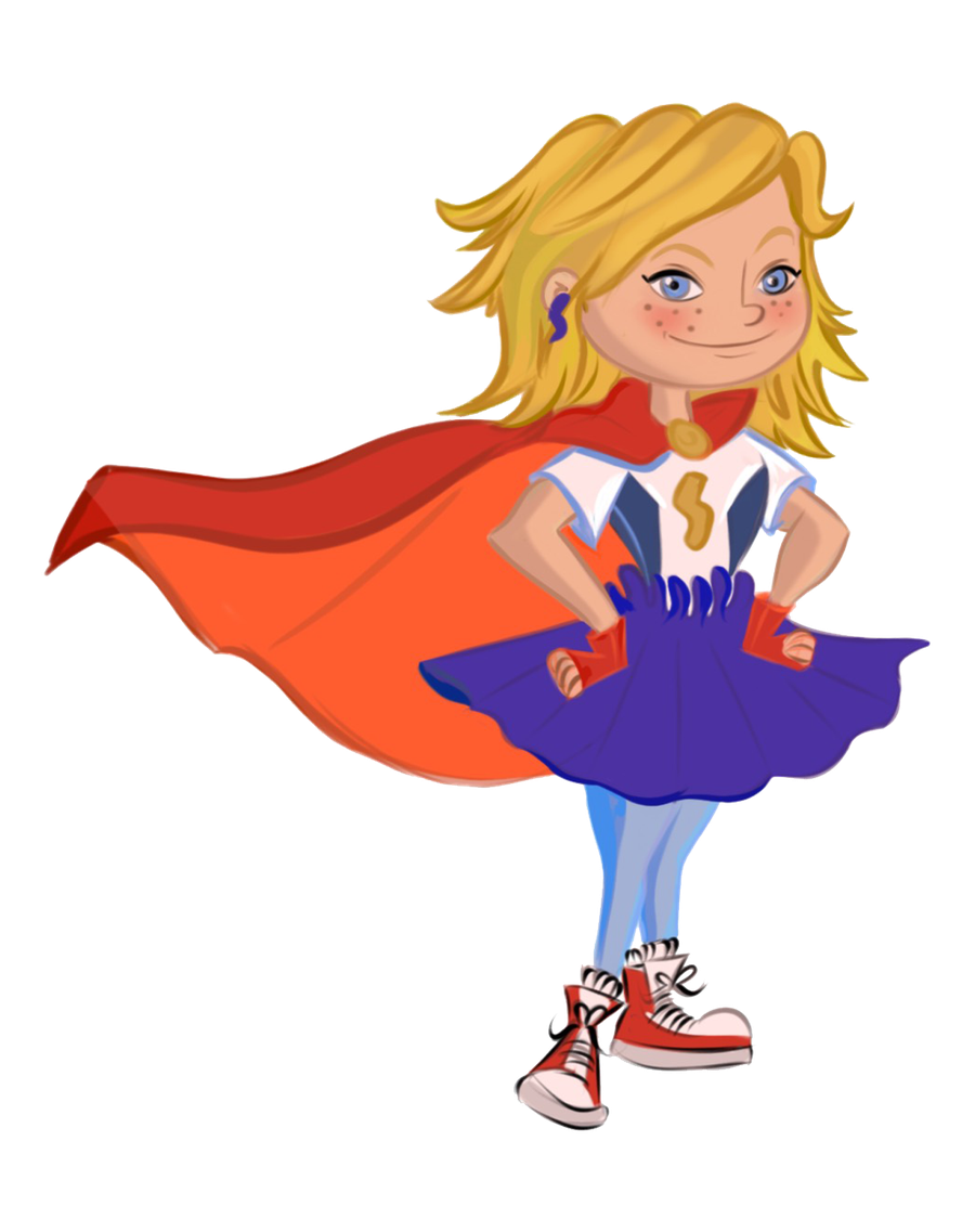 Lil&rsquo; Sass, an illustrated child in a red cape and purple skirt