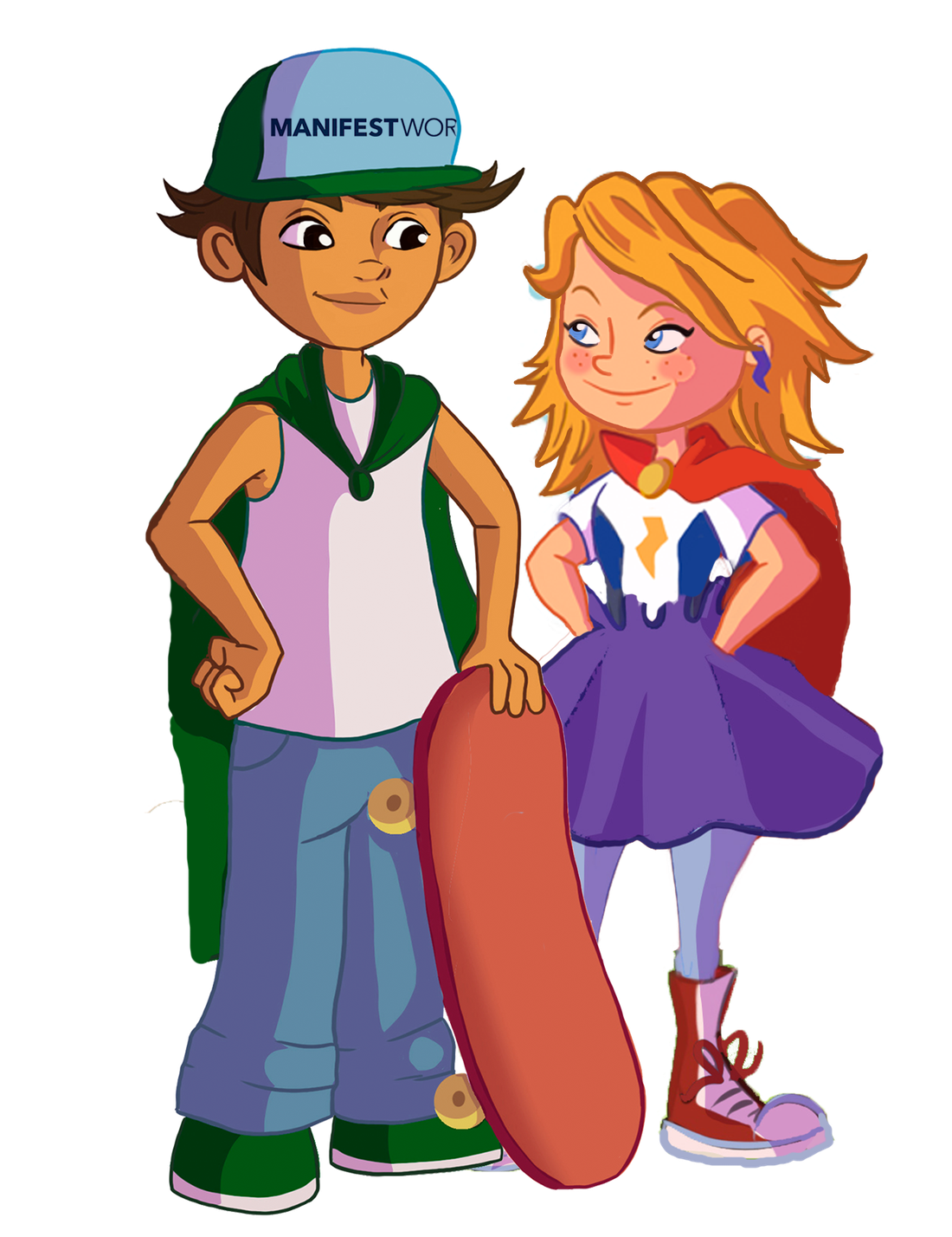 Two illustrated Lil&rsquo; Sass characters with a skateboard